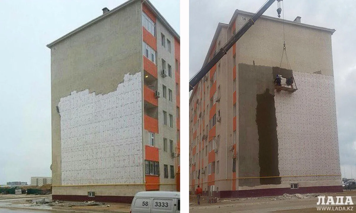 На фото дом после обвала облицовочной плитки и во время ремонта