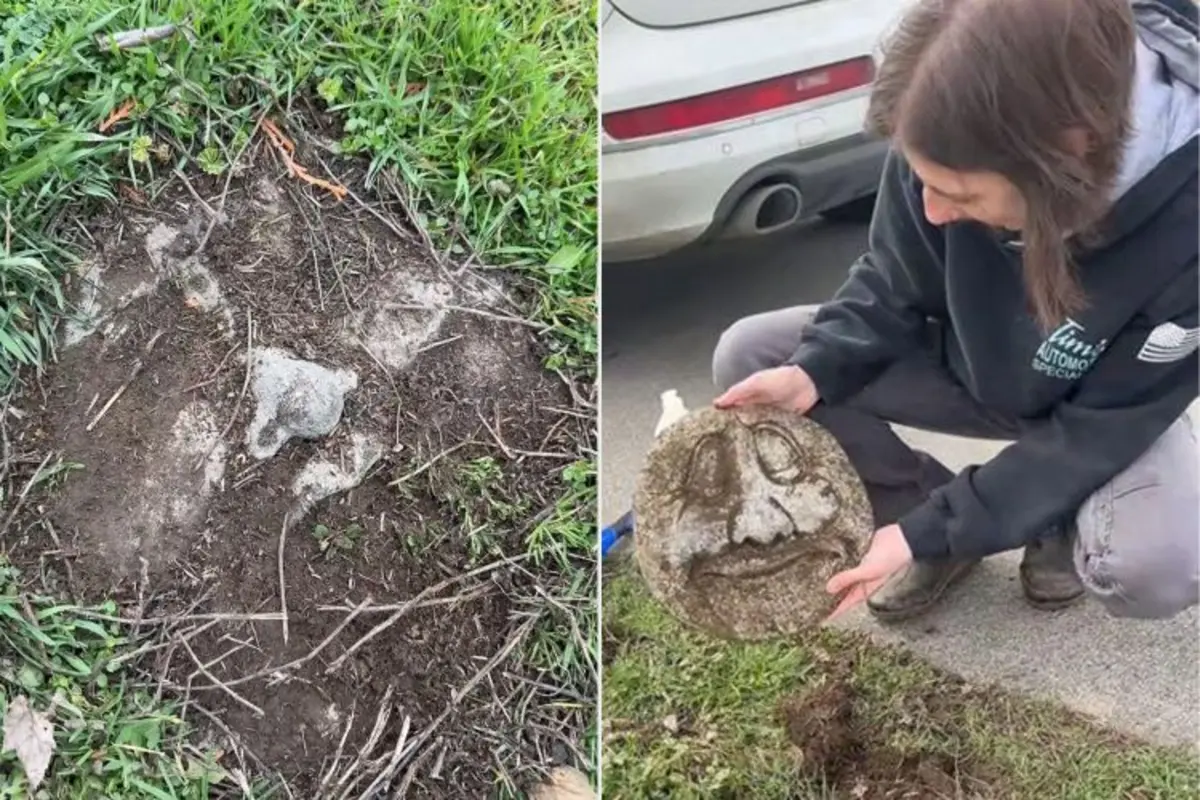 Женщина заметила в земле нос и выкопала каменное лицо (видео)