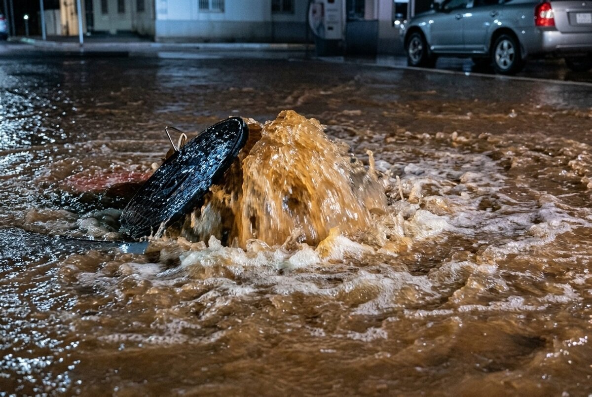 В Актау мощный поток воды приподнял металлический люк — видео