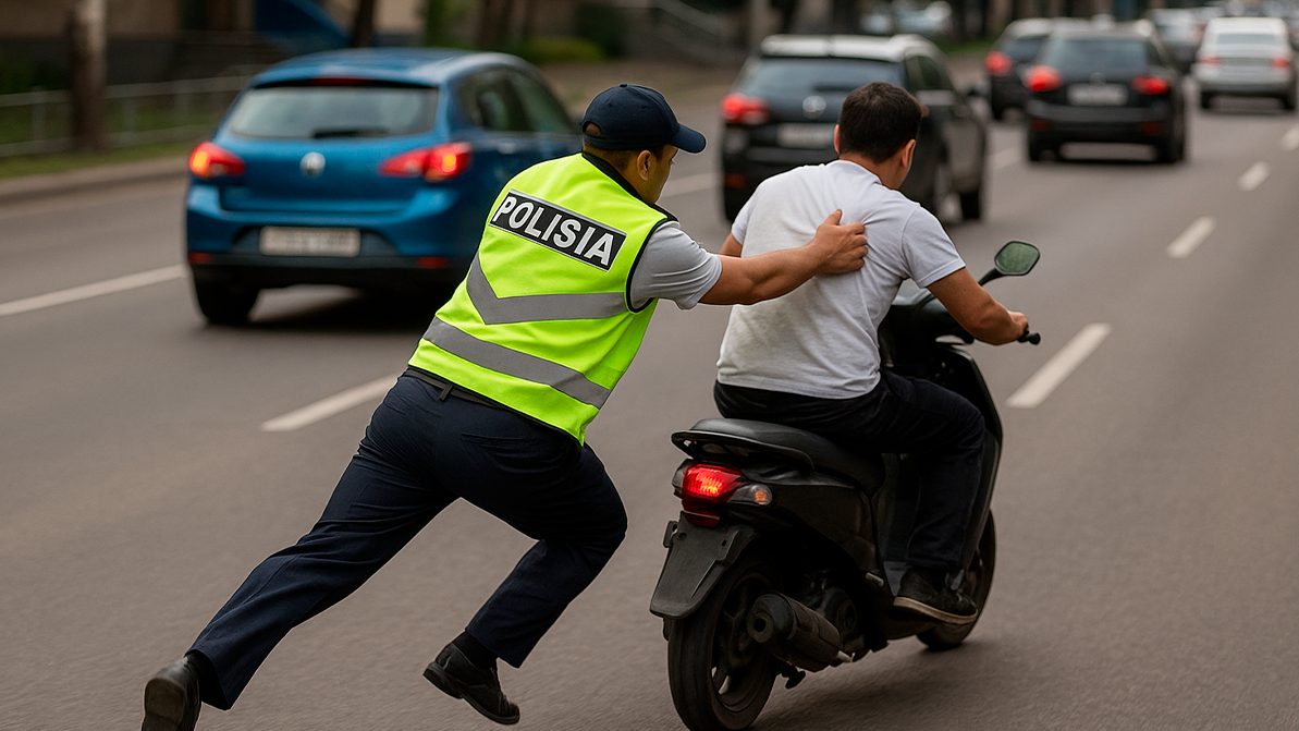 В Казахстане полицейский «вцепился» в мопед и поймал угонщика на ходу (видео)