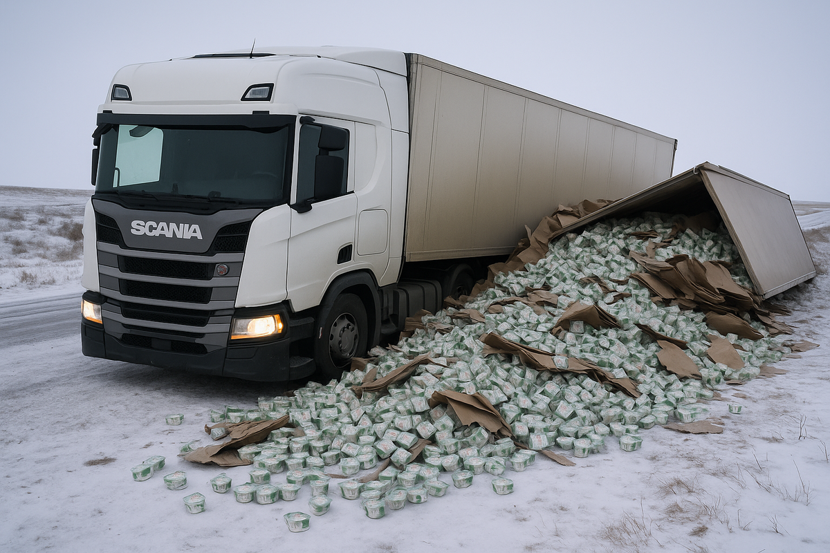 Фура с йогуртами опрокинулась в Мангистау: водитель раздал товар бесплатно