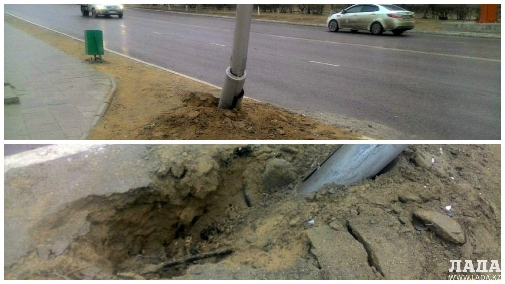 Очередной столб в Актау пострадал в ДТП