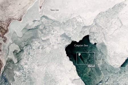 Спутник заснял необычную льдину в Каспийском море