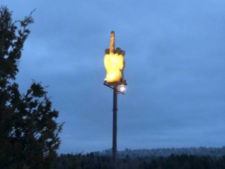 Американец потратил 4 тысячи долларов на огромную светящуюся статую, показывающую средний палец властям