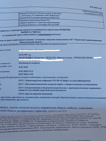 Лечитесь дома! Медики Актау отправили домой больную пневмонией и диабетом женщину