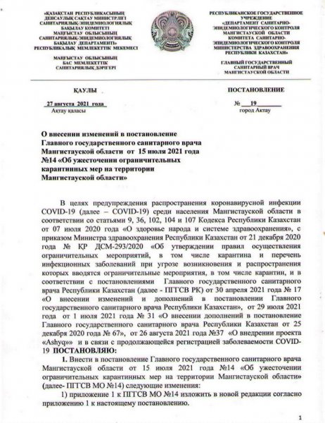 Карантин смягчили в Мангистау