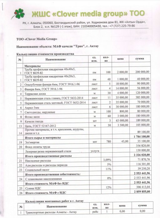 В акимате Актау предоставили сметы расчёта стоимости материалов на объекты «Качели трио» и «Звёздное небо»