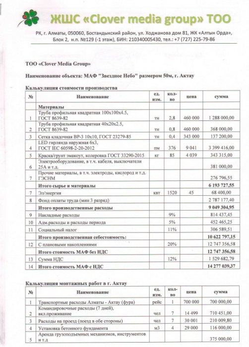 В акимате Актау предоставили сметы расчёта стоимости материалов на объекты «Качели трио» и «Звёздное небо»