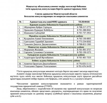 Бесплатная юридическая помощь: жители Мангистау могут задать вопросы по поводу алиментов