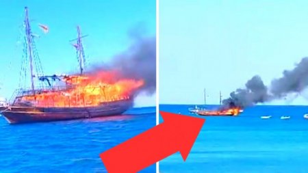Корабль с туристами загорелся в открытом море