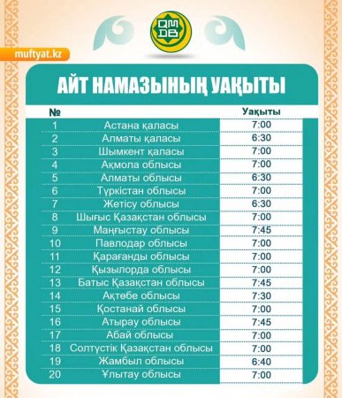 Расписание айт-намаза в городах Казахстана опубликовало Духовное управление мусульман страны